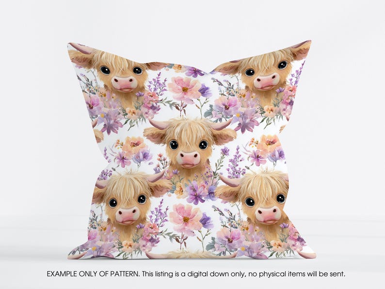 May include: A decorative pillow featuring a repeating pattern of watercolor-style Highland cows and floral elements in shades of pink, purple, and peach on a white background. The pillow has a square shape.