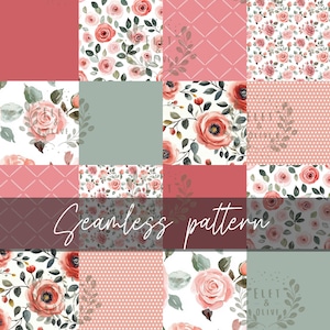 May include: A seamless pattern featuring a patchwork of 12 different designs. The designs include pink and white floral patterns, pink polka dots, a light green background, and a pink and white chevron pattern. The text "Seamless pattern" is written in black across the center of the image.