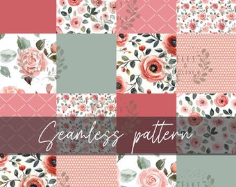Floral Patchwork Seamless Pattern, DIGITAL DOWNLOAD, Pink Roses Seamless Pattern For Girl Nursery Decor, Printable FILE Only