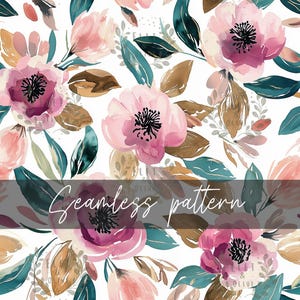 Watercolor Flower Seamless Pattern Digital Download File - Plum Purple and Teal Floral Print for Fabric, Wallpaper, Scrapbooking and Crafts