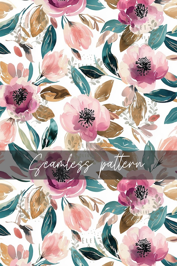 Watercolor Flower Seamless Pattern Digital Download File - Plum Purple and Teal Floral Print for Fabric, Wallpaper, Scrapbooking and Crafts