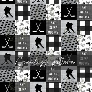 May include: A seamless pattern featuring a black and white hockey theme. The pattern includes hockey sticks, pucks, and a hockey player silhouette. The text "Eat Sleep Hockey" is repeated throughout the pattern.