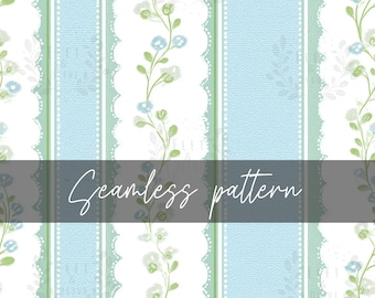 Grandmillennial Cottage Floral Stripe, Seamless File, DIGITAL DOWNLOAD, Cottagecore Stripe Pattern