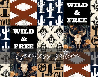 Western Theme Pattern, Seamless Cowboy Patchwork Digital Download, Seamless file for Quilt, Western Patchwork Seamless, Wild and Free