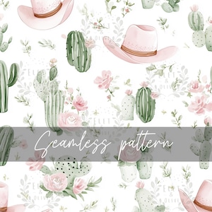 Puede incluir: Un patrón sin costuras con sombreros de vaquero rosas, cactus verdes y flores rosas sobre un fondo blanco. El texto "Seamless pattern" está escrito en gris sobre un rectángulo negro.
