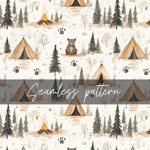 Peut inclure: Un motif sans couture représentant une scène de forêt en aquarelle avec des ours bruns, des tipis et des feux de camp. Le fond est blanc avec des accents bruns et verts.