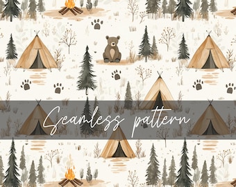 Camping Seamless Pattern - Bear Woodland Forest Digital Paper, Outdoorsy Fabric Print, Seamless Prints for Kids, Instant Download