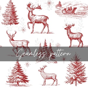 May include: A seamless pattern with red illustrations of deer, Christmas trees, and a sleigh on a white background. The design includes various deer poses, detailed fir trees, and a winter scene with a sleigh. The words "Seamless pattern" are written in cursive.