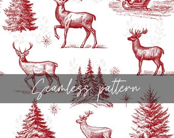 Vintage Christmas Toile Deer Seamless Pattern – Red on White Digital Paper, Holiday Fabric Repeat, Winter Woodland