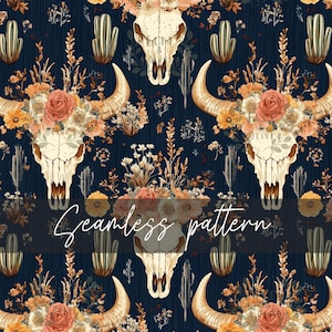 Boho Bull Skull Seamless Pattern, Digital Paper, Printable Western Floral Bull Skull Design, Scrapbook Paper, Instant Download