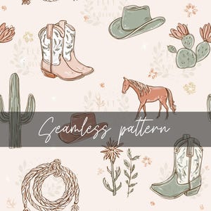 Puede incluir: Patrón sin costuras con botas de vaquero, sombreros, un caballo, cactus y una cuerda sobre un fondo rosa claro. El texto "Seamless pattern" se muestra. El diseño incorpora elementos florales.