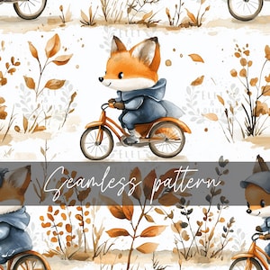 May include: A seamless pattern featuring a watercolour illustration of a fox riding a bicycle in a woodland setting. The fox is wearing a blue jacket and the bicycle is orange. The background is white with brown and orange leaves and branches.