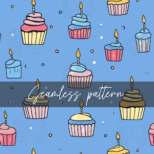 Cupcakes Seamless Pattern, Birthday Theme Digital Download File, Cupcakeon Blue Seamless for Fabric, Gift Wrap, Crafts