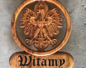 Carved Polish Eagle with decorative border and name plaque