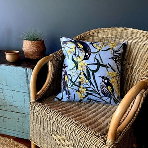 New Holland Honeyeater, Wattle flowers, bird cushion cover, Home decors, gift idea, Australian birds, Lounge Living space, Statement cushion