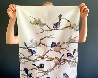 Blue Wren, Tasmanian Tea Towel, Made in Australia, Fairy Wren, original art, cotton tea towel, gift ideas, Mother's Day, fabric panel