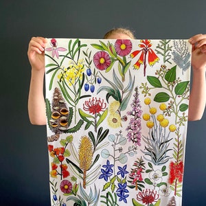 May include: A white tea towel with a vibrant botanical print of Tasmanian wildflowers. The design showcases diverse flowers and foliage in shades of pink, yellow, red, and blue. The text "Wildflowers of Tasmania" is printed at the bottom.