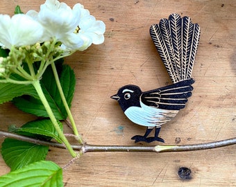 Willy Wagtail Fantail Handmade Tasmania Print Bird Pigment Pin Brooch Funky Retro Wooden Laser Cut Badge