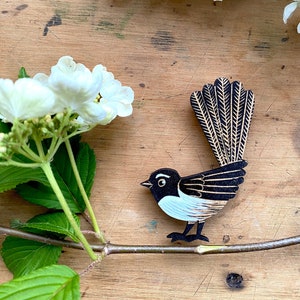 Willy Wagtail Fantail Handmade Tasmania Print Bird Pigment Pin Brooch Funky Retro Wooden Laser Cut Badge