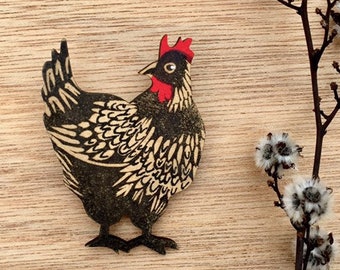 Black Hen Chicken Chook Bird Whimsical Hand Print Pigment Pin Brooch Funky Retro Wooden Laser Tasmania  Monica Reeve Printmaker Jewellery