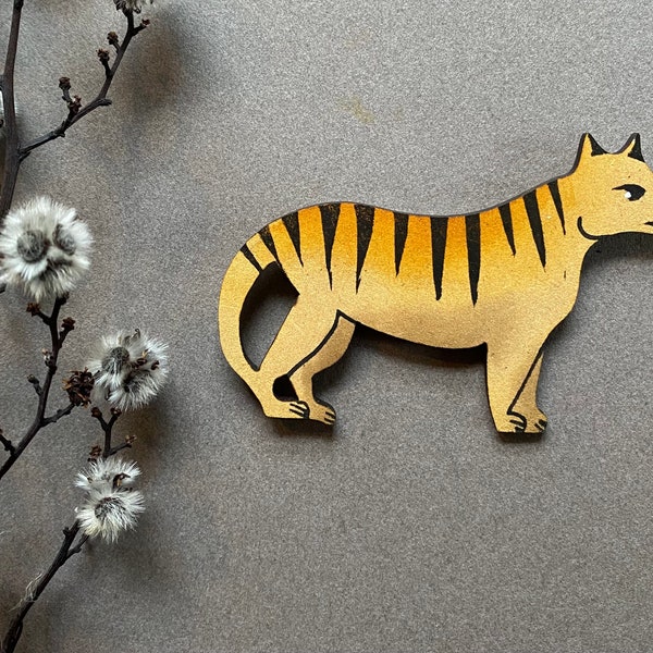 Tasmanian Tiger Thylacine Handprinted Brooch Wooden Whimsical Tasmania Native Animal Australia Jewellery Wearable Original Gift