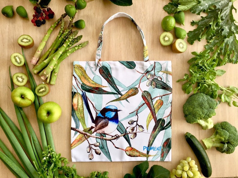Eco Shopper Tote Bag Reusable Accessories Shop Shopping Pigment My Daily Draw Tasmanian Gift Post It Garden Superb Blue Wren Gum Trees