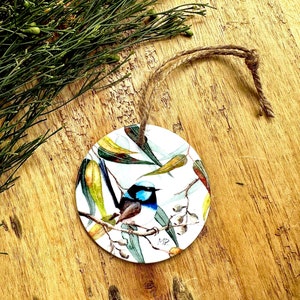Superb Blue Wren Ornament Bauble Ceramic Christmas Tree Decoration Tile Bush birds gum Australian bird gift idea banksia