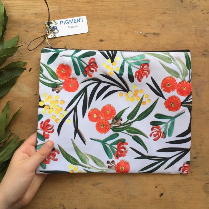 Botanical Garden Flowers Cut-Out Pouch Purse Wallet Bag Pencil Case Tasmania Pigment Monica Reeve Waratah Wattle Red Gum