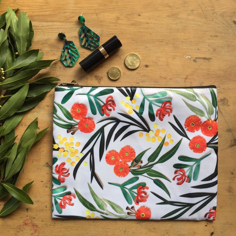 Botanical Garden Flowers Cut-Out Pouch Purse Wallet Bag Pencil Case Tasmania Pigment Monica Reeve Waratah Wattle Red Gum