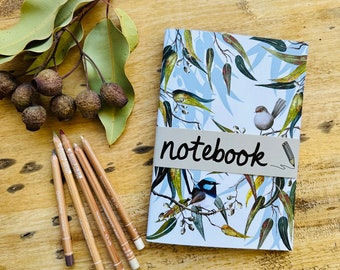 Notebook, Blue Wrens, Gum trees, sketchbook, journal, diary, gift ideas, gifts for her, bird art, Made in Tasmania, blank book, recycled