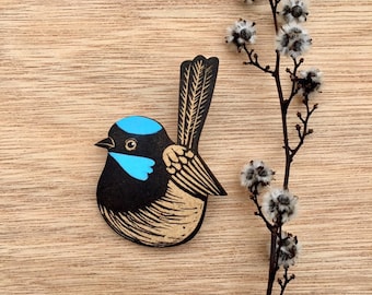 Superb Blue Wren Handmade Tasmania Print Bird Pigment Pin Brooch Funky Retro Wooden Laser Cut Badge