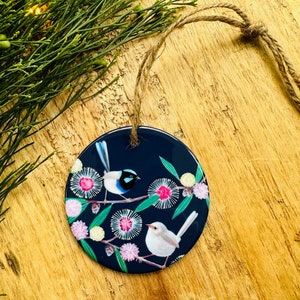 Superb Blue Wren Ornament Bauble Ceramic Christmas Tree Decoration Tile Bush birds Pincushion Hakea Australian bird gift idea