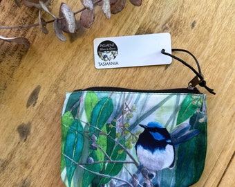 LARGE Coin Purse, Superb Fairywren, Blue Wren, Gum leaves, Gift idea, Bird purse, bird art, Tasmania, blue bird, money pouch