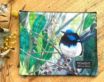 Superbo scricciolo blu, alberi della gomma, Australia Bush Pouch Borsa Portafoglio Borsa Accessori borsa Astuccio Artista della Tasmania uccello arte idee regalo