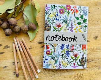 Notebook, Wildflowers of Tasmania, sketchbook, journal, diary, gift ideas, gifts for her, flower art, Made in Tasmania, blank book, recycled