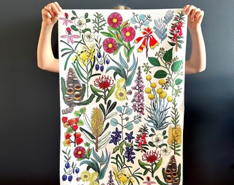 Fleurs sauvages de Tasmanie, torchon en microfibre, torchon floral, fabriqué en Australie, oeuvre d'art originale, idées cadeaux, panneau en tissu, art botanique