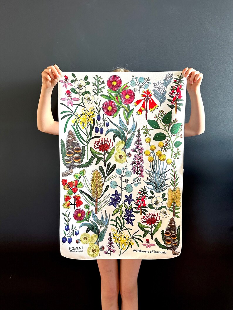 Tasmanian Wildflowers, Microfibre tea towel, Floral Tea Towel, Made in Australia, original art, gift ideas, fabric panel, botanical art image 1