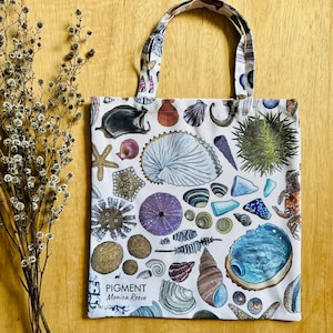 Beach Finds Tasmanian Sea Shells Australia Botanical Eco Shopper Tote Reusable Bag Shopping Gift Ideas Coastal Art Cowrie Starfish Ocean