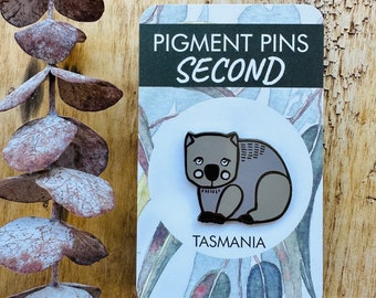 SECONDS, wombat, comic art, Australian animals, wombat pin, animal pin, Tasmanian animals, lapel pins, badges, brooches, native animals