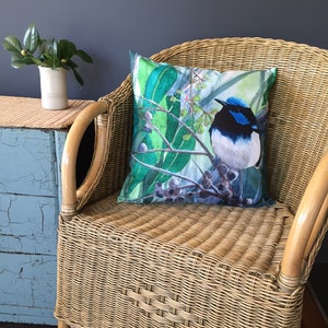 Superb Blue Wren, Cushion cover, Home furnishing, Living space, bird art, Gum Tree, Tasmanian artist, Australian birds, gift idea, Fairywren