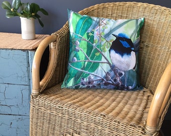 Superb Blue Wren, Cushion cover, Home furnishing, Living space, bird art, Gum Tree, Tasmanian artist, Australian birds, gift idea, Fairywren