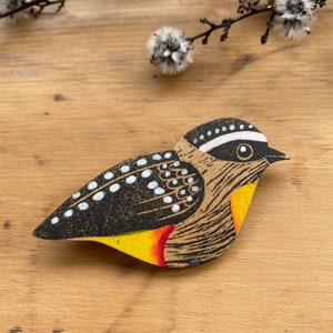 Spotted Pardalote Bird Whimsical Hand Print Pigment Pin Brooch Funky Retro Wooden Laser Cut Tasmania  Monica Reeve Printmaker Jewellery