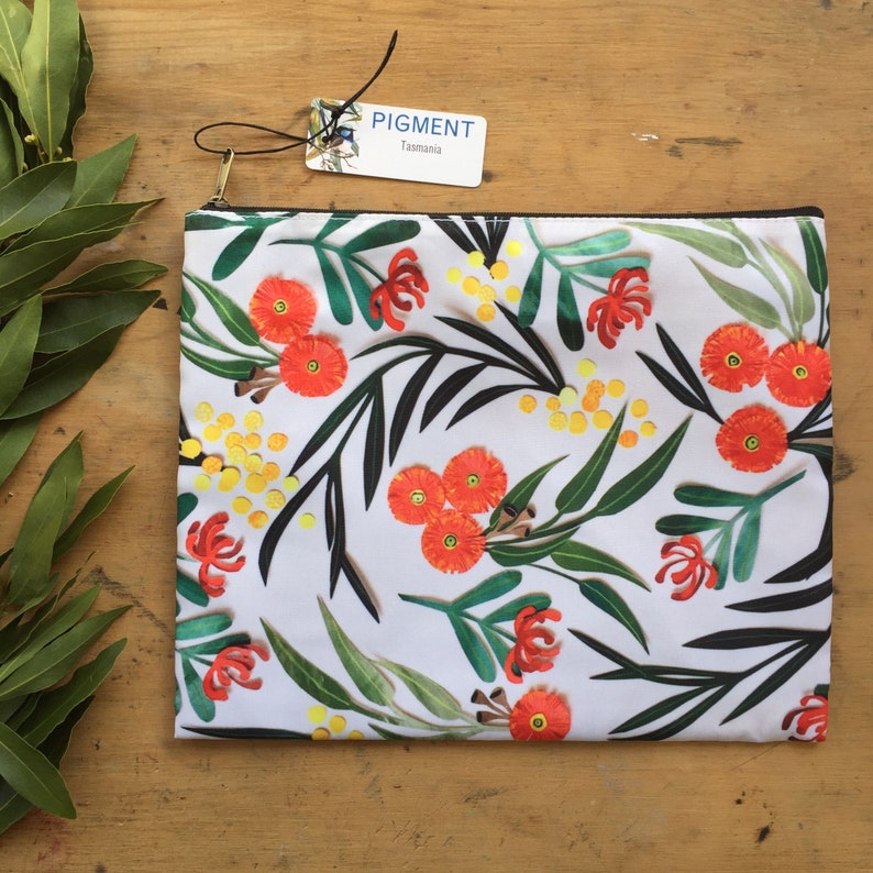 Botanical Garden Flowers Cut-Out Pouch Purse Wallet Bag Pencil Case Tasmania Pigment Monica Reeve Waratah Wattle Red Gum