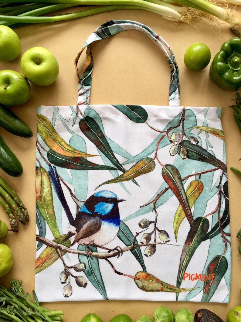 Eco Shopper Tote Bag Reusable Accessories Shop Shopping Pigment My Daily Draw Tasmanian Gift Post It Garden Superb Blue Wren Gum Trees