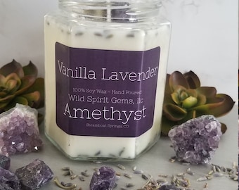 Lavender Candle, Crystal Candle, Vanilla Lavender, Essential Oil Candle, Soy Wax, Geode Candle, Lavender Flower, Amethyst, Amethyst Candle