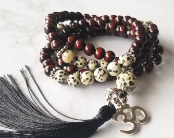 SALE! LOVE YOURSELF Dalmatian Stone Mala, Meditation, Rosewood Mala, Mindfulness, Root Chakra Mala, Ohm, Chakra Mala, Mala Bracelet
