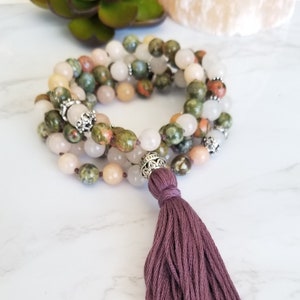 SALE! DIVINE LOVE Mala Rhyolite Mala, Rhyolite Necklace, Mindfulness, Knotted, Heart Chakra, Aventurine Mala, Love, Rose Quartz, Unakite,