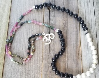Tourmaline Necklace, Wooden Beads, Silver, New Beginnings, Mantra, Ohm, Tree of Life, Buddha, Mindfulness, Lotus, Heart, Yoga