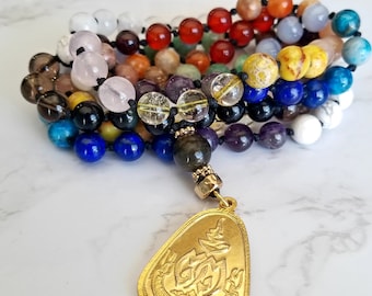 108 Bead Knotted 7 Chakra Mala Rainbow Necklace or Wrap Bracelet, Balancing, yoga, Meditation, Pink Himalayan Salt Rock, Mindfulness, Amulet