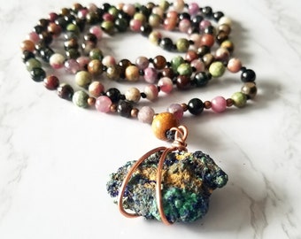 SALE! CLARITY MALA, Tourmaline Mala Necklace, Green Opal Mala, Root Chakra, Azurite Malachite Geode, Azurite Mala, Electromagnetic